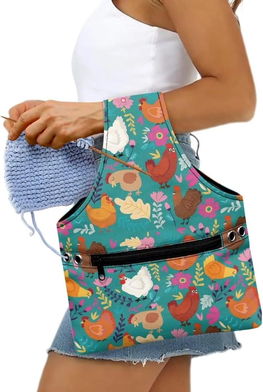 KUIFORTI Boho Yarn Bag Cute Chicken Knitting Needles Holder Bag Yarn Project Bag Needlework Tool Tote Bag with Front Zipper Pocket Lightweight Casual Shopping Handbag Small Size