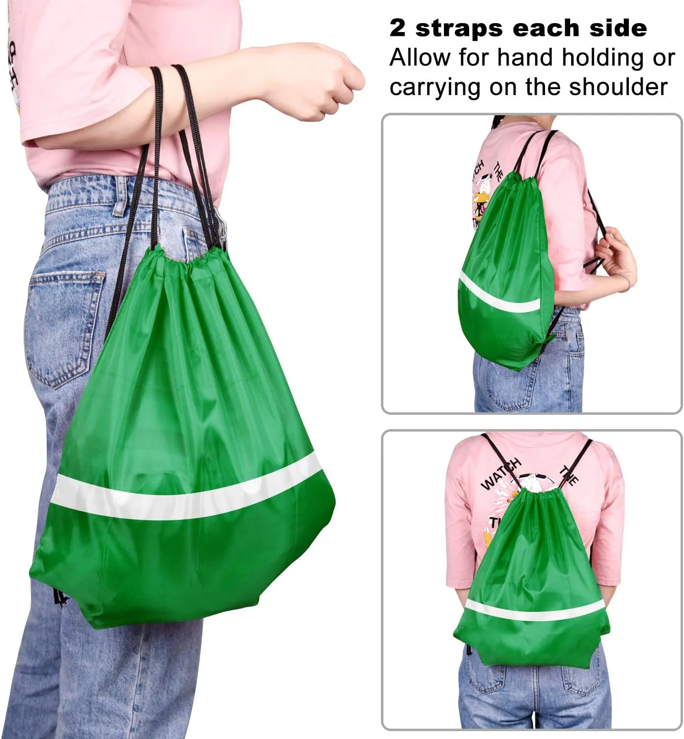 KUUQA 12 Pcs Drawstring Backpack Bag Bulk Reflective Backpack Dark Green String Bags Cinch Sack Backpack for Team Yoga Sport Gym Traveling