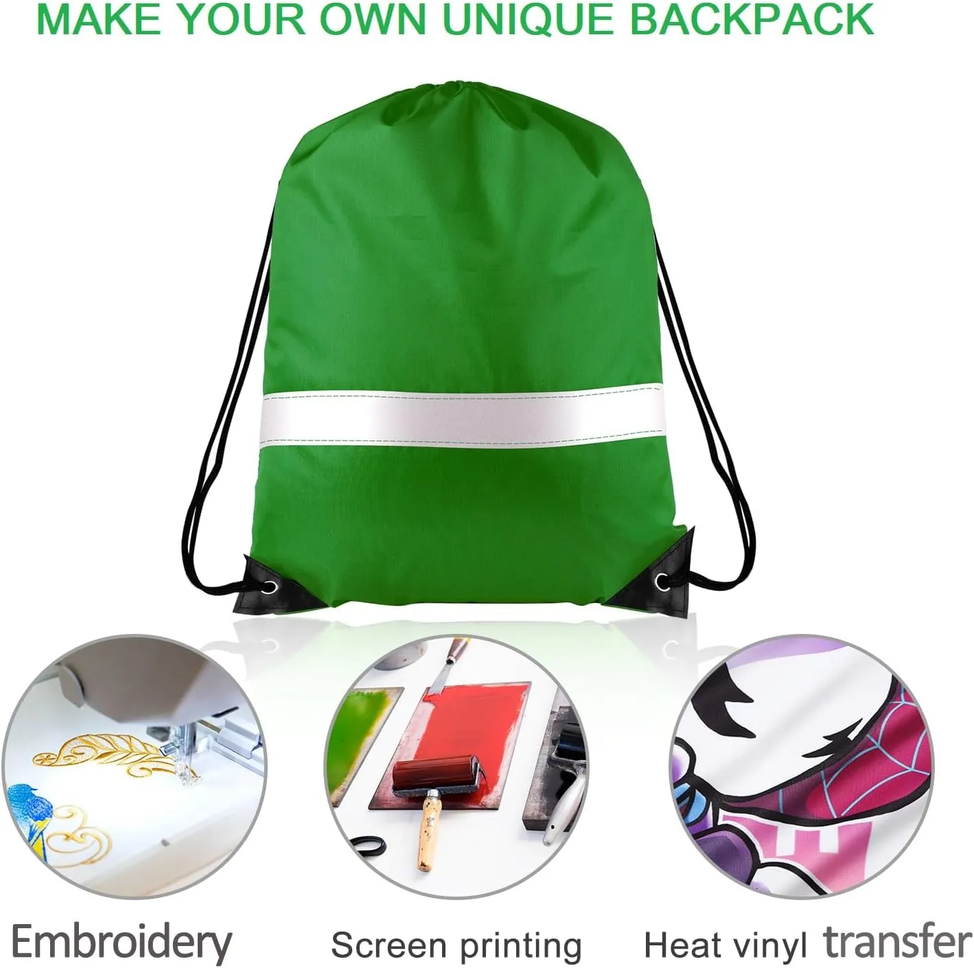 KUUQA 12 Pcs Drawstring Backpack Bag Bulk Reflective Backpack Dark Green String Bags Cinch Sack Backpack for Team Yoga Sport Gym Traveling