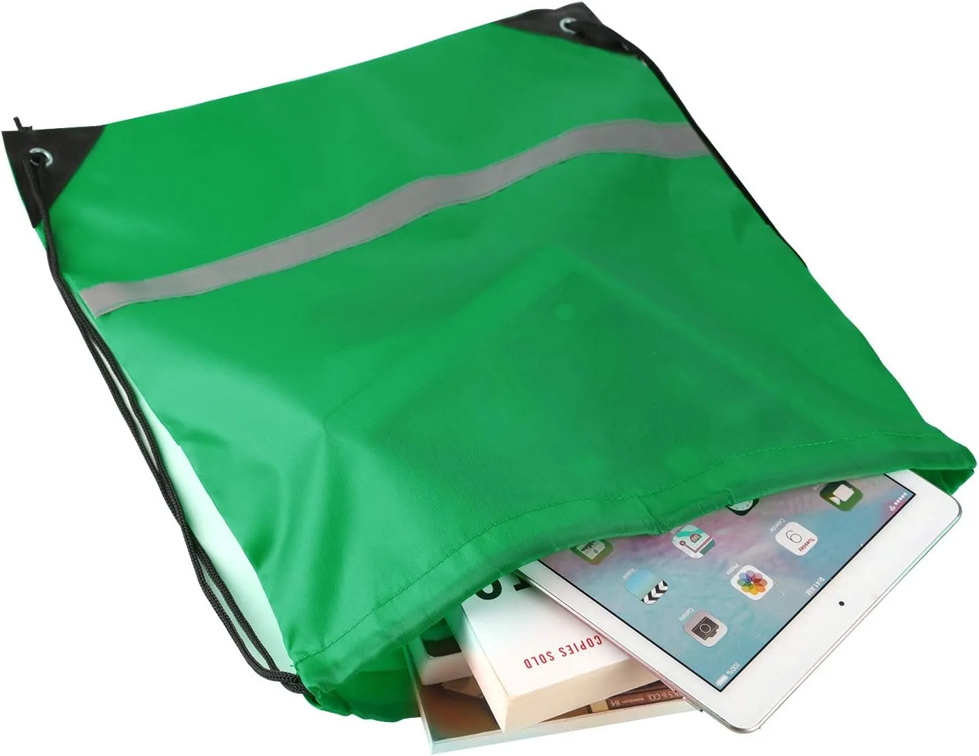 KUUQA 12 Pcs Drawstring Backpack Bag Bulk Reflective Backpack Dark Green String Bags Cinch Sack Backpack for Team Yoga Sport Gym Traveling