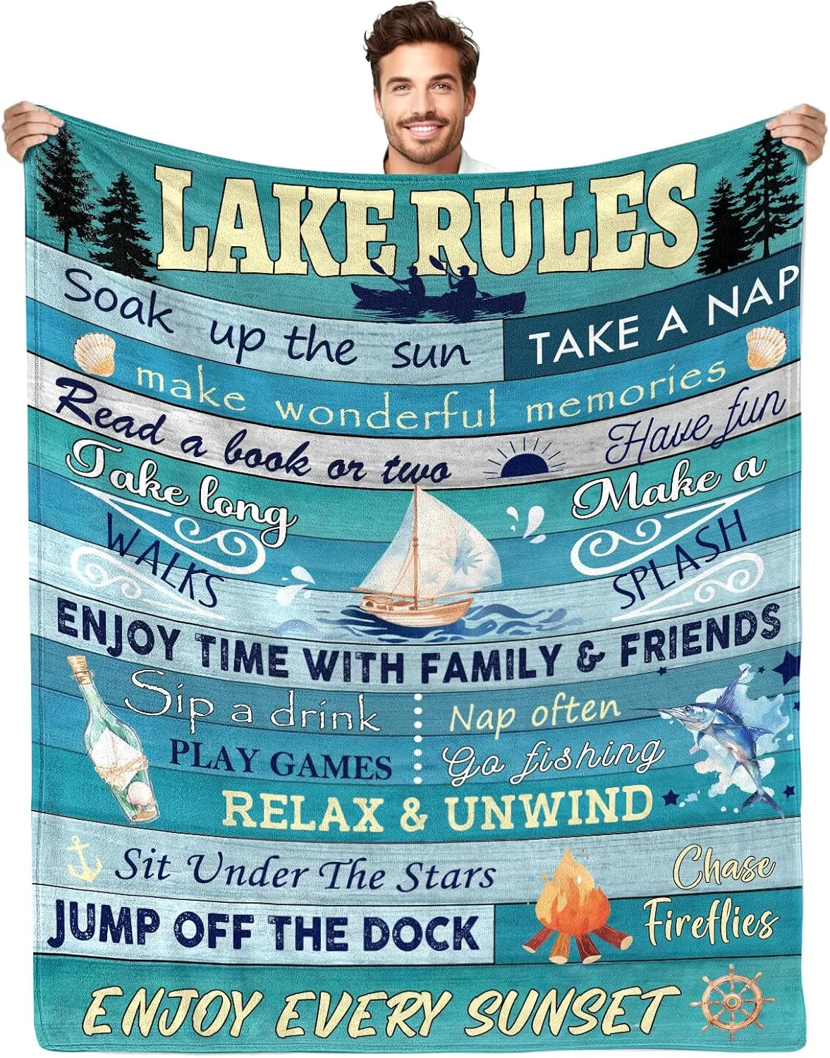 Lake House/Life Gifts for Women Men, Boating/Fishing/Ocean Gifts, House Decor for Home Bed Sofa Lake Rules Flannel Throw Blanket, 50" x 60"