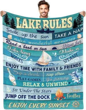Lake House/Life Gifts for Women Men, Boating/Fishing/Ocean Gifts, House Decor for Home Bed Sofa Lake Rules Flannel Throw Blanket, 50" x 60"