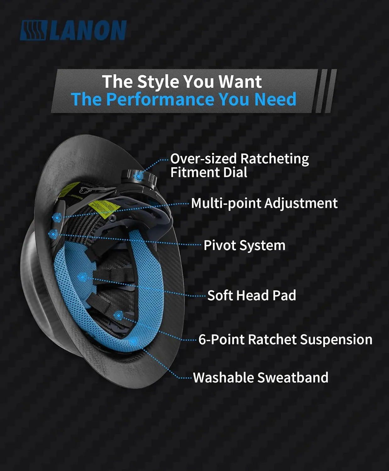 LANON Carbon Fiber Full Brim Hard Hat, OSHA Construction Work Approved, Classic Black Design, Lightweight Durable Safety Helmet with 6 Point Adjustable Ratchet Suspension, Class C