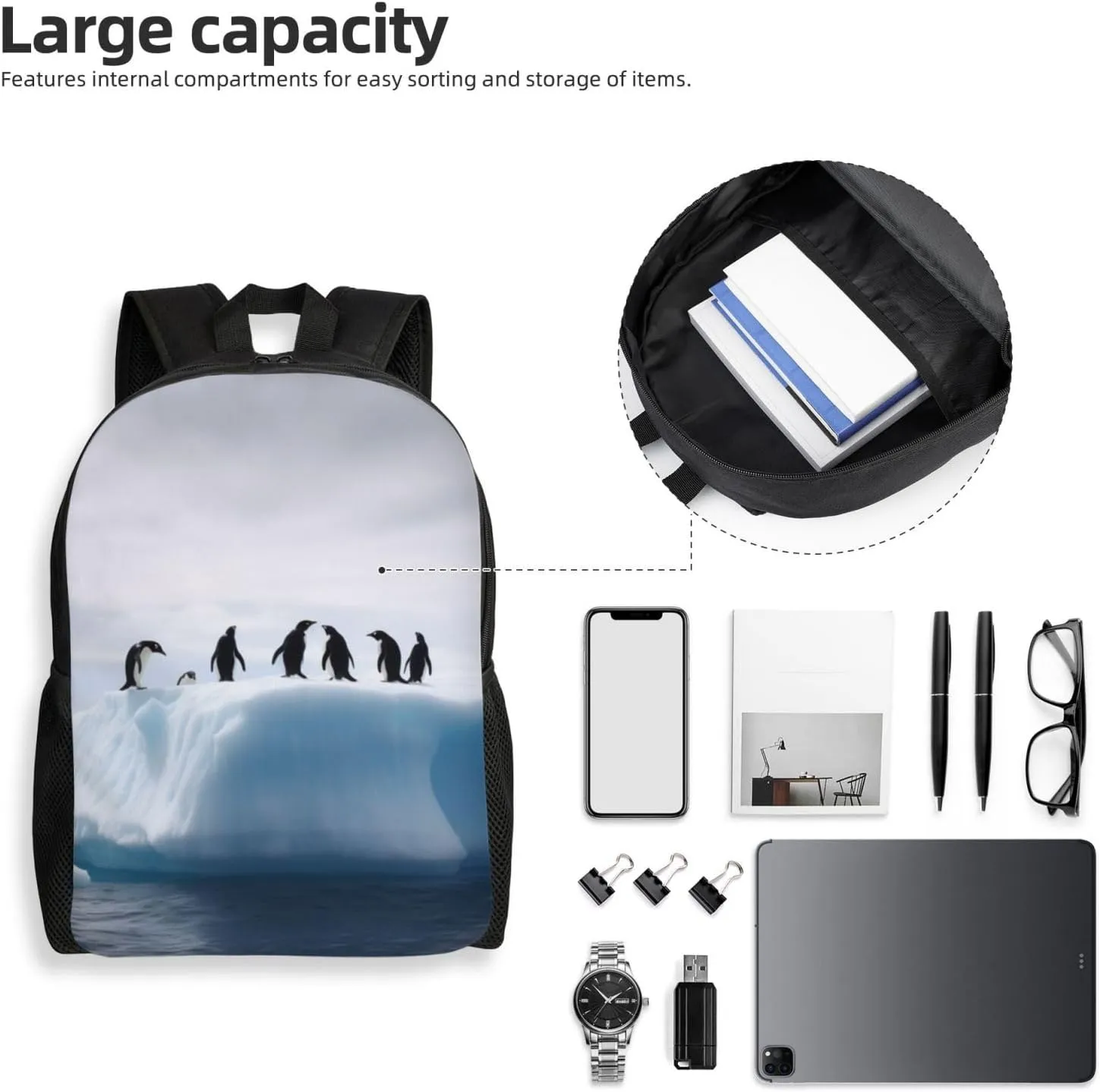 Laptop Backpack 16.1 Inch with Compartment Iceberg Penguins Laptop Bag Lightweight Casual Daypack for Travel