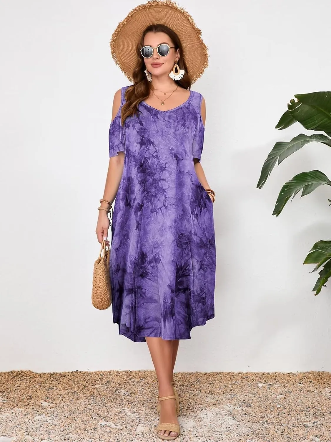 LARACE Plus Size Women Dress for Summer, Midi Women's Sundress, Casual V-Neck Short Sleeve Flowy T-Shirt Dresses with Pockets