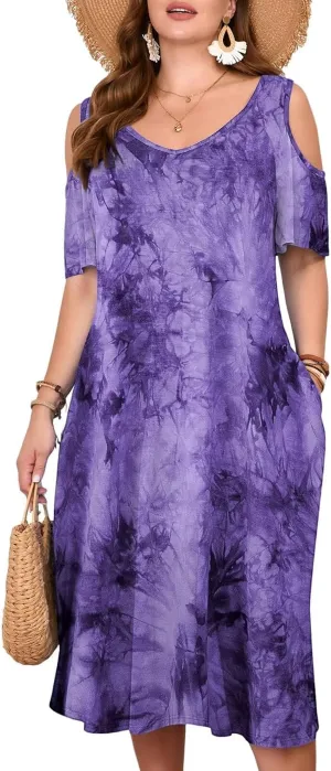 LARACE Plus Size Women Dress for Summer, Midi Women's Sundress, Casual V-Neck Short Sleeve Flowy T-Shirt Dresses with Pockets