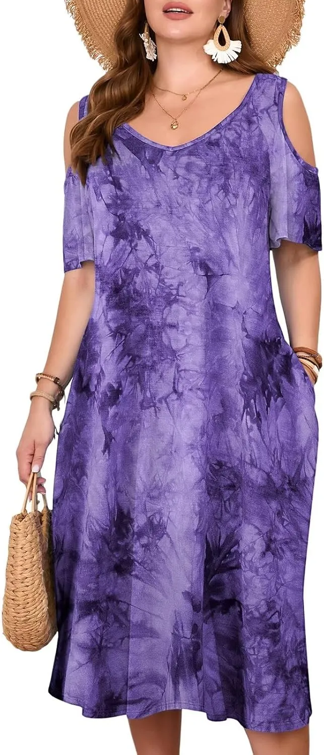 LARACE Plus Size Women Dress for Summer, Midi Women's Sundress, Casual V-Neck Short Sleeve Flowy T-Shirt Dresses with Pockets