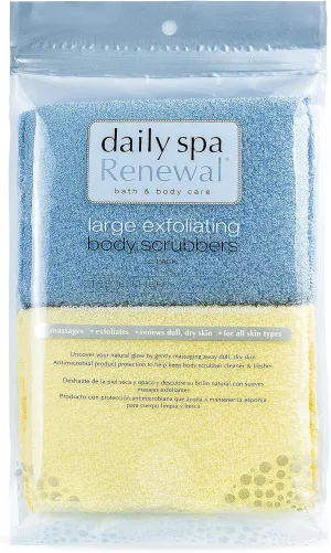 Large Exfoliating Body Scrubber, Large Exfoliating Bath Sponge, 4 PCS, Denim & Yellow