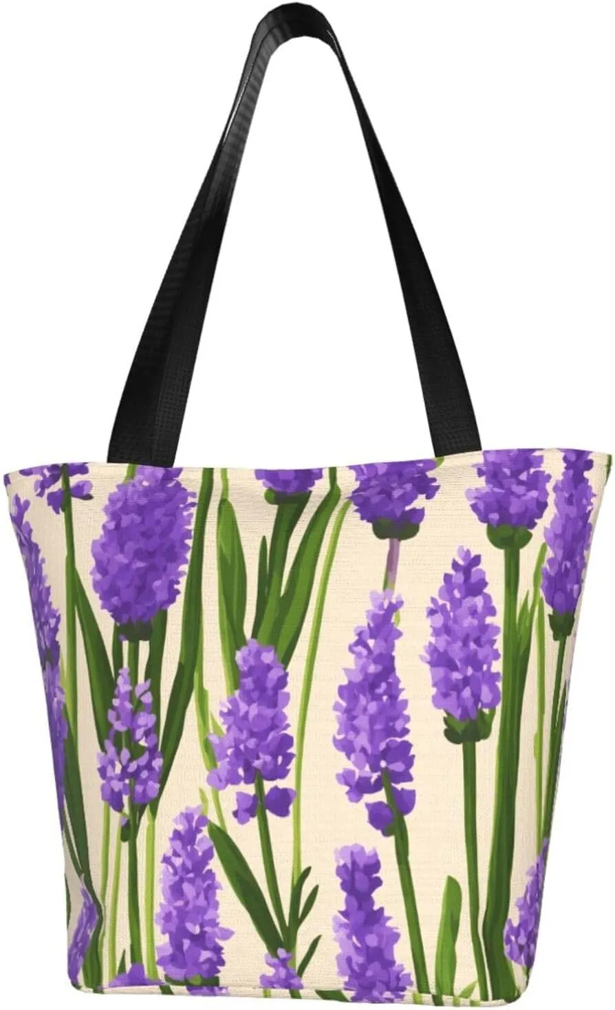 Lavender Stamp Print Multifunctional Tote Daypacks for Women Work Travel Shopping Handbags Shoulder Bag
