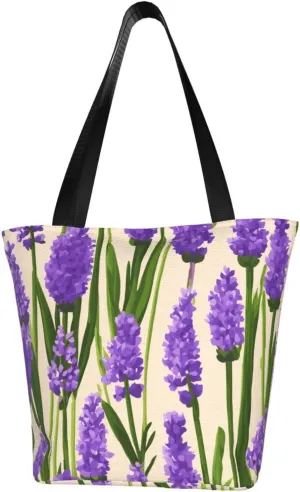 Lavender Stamp Print Multifunctional Tote Daypacks for Women Work Travel Shopping Handbags Shoulder Bag