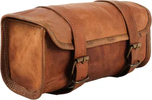 Leather Handlebar Bag Brown Saddle Motorcycle Bag Bicycle Tool Bag Buff Leather Travel Accessory Pouch (Tan Brown)