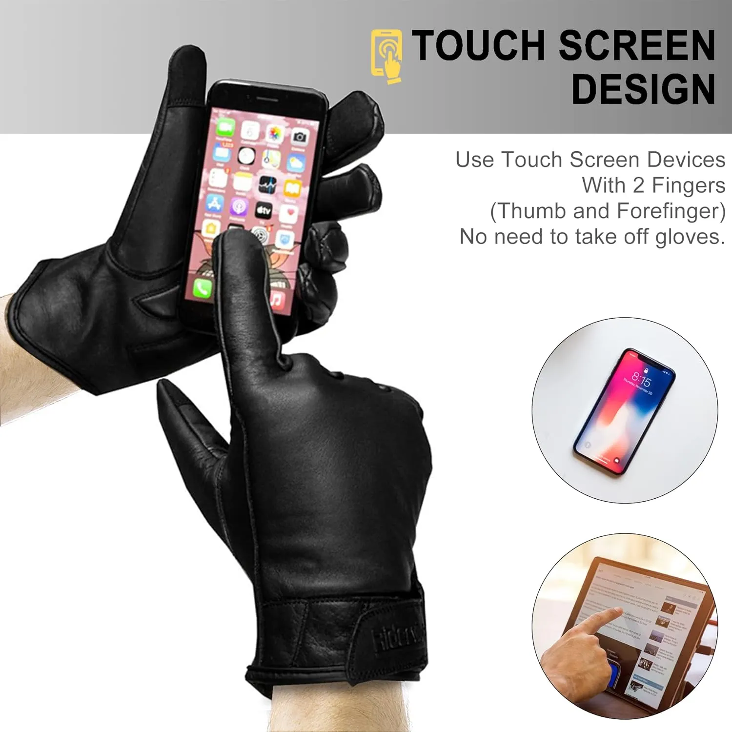 Leather Motorcycle Riding Gloves for Men Women Biker W/ Touchscreen, Waterproof Thermal Winter Gloves Full Finger Warm Glove in Cold Weather for Motorbike, Cycling, Driving, Hiking (Black)