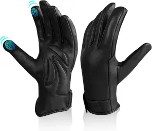 Leather Motorcycle Riding Gloves for Men Women Biker W/ Touchscreen, Waterproof Thermal Winter Gloves Full Finger Warm Glove in Cold Weather for Motorbike, Cycling, Driving, Hiking (Black)
