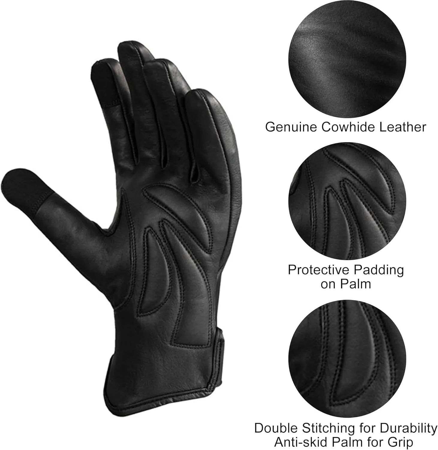 Leather Motorcycle Riding Gloves for Men Women Biker W/ Touchscreen, Waterproof Thermal Winter Gloves Full Finger Warm Glove in Cold Weather for Motorbike, Cycling, Driving, Hiking (Black)