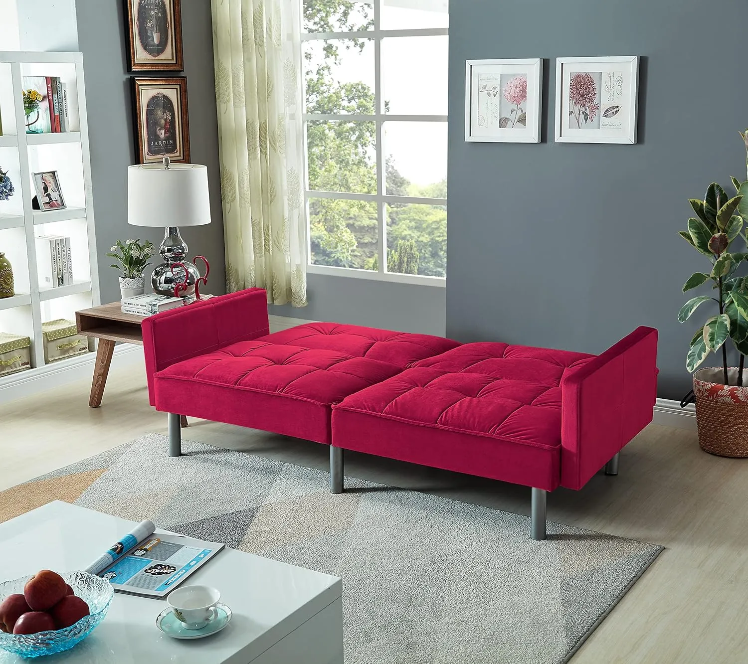 Legend Vansen Velvet Sleeper Loveseat with Pillow Twin Size Contemporary Sofas for Living Room and Bedroom Sofabed, 75.5'', Red