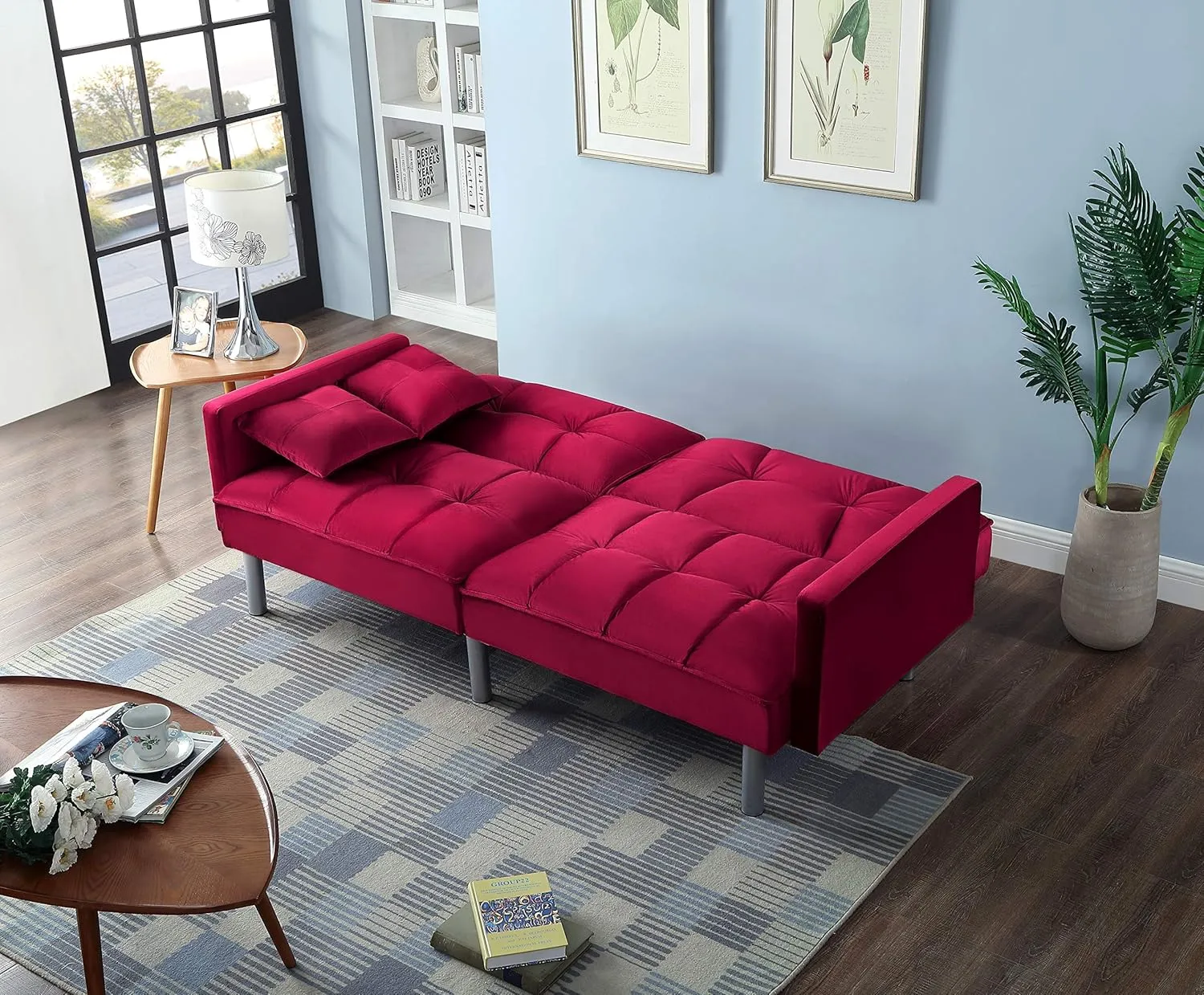 Legend Vansen Velvet Sleeper Loveseat with Pillow Twin Size Contemporary Sofas for Living Room and Bedroom Sofabed, 75.5'', Red