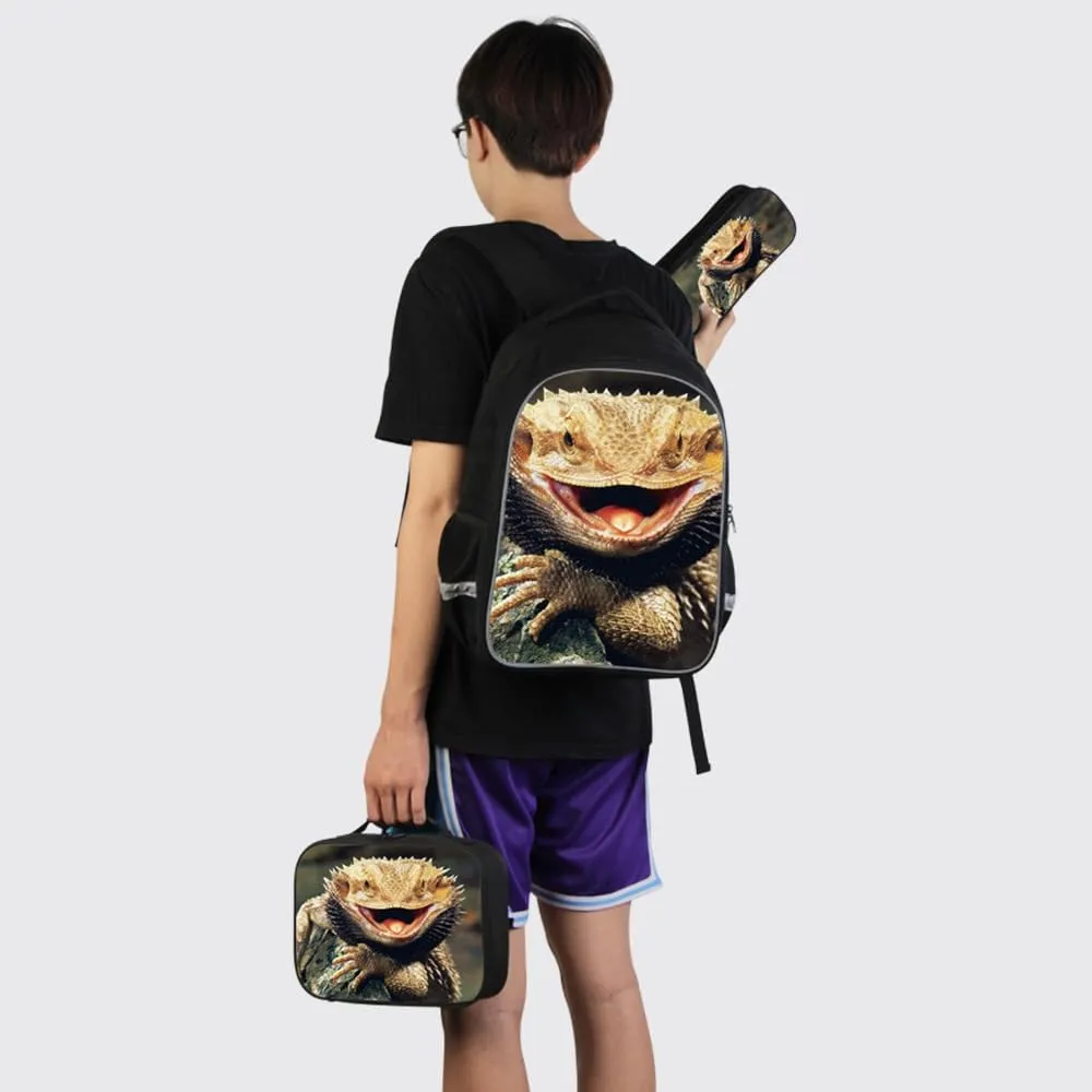 Lizard Print Backpack Lunch Tote Bag Pencil Case Children School Bag Set Cool Bookbag Cooler Bag kids