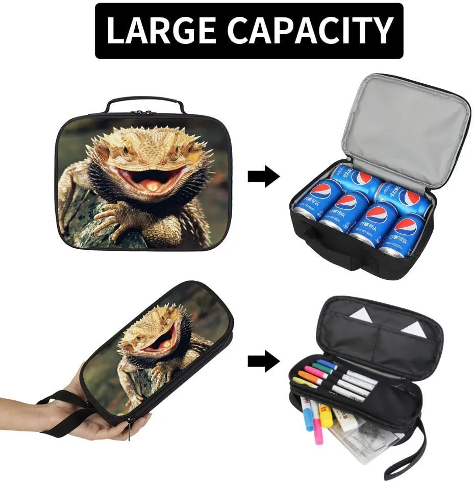 Lizard Print Backpack Lunch Tote Bag Pencil Case Children School Bag Set Cool Bookbag Cooler Bag kids