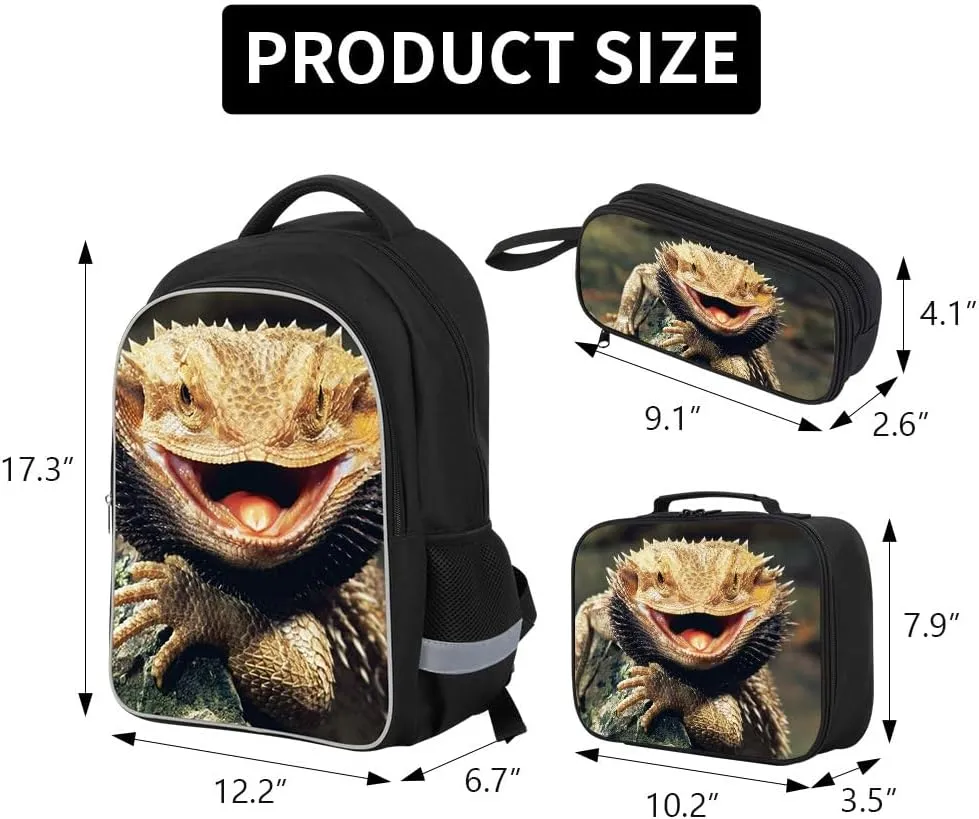 Lizard Print Backpack Lunch Tote Bag Pencil Case Children School Bag Set Cool Bookbag Cooler Bag kids