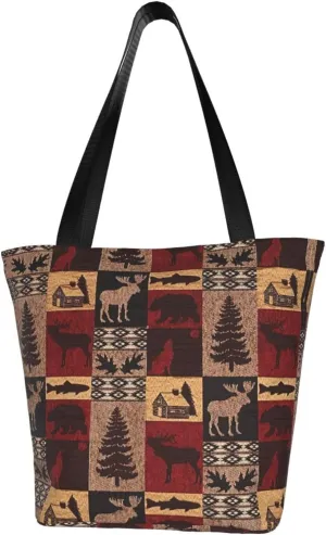 Lodge Bear Deer Fish Print Multifunctional Tote Daypacks for Women Work Travel Shopping Handbags Shoulder Bag