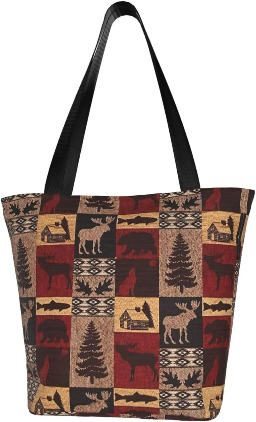 Lodge Bear Deer Fish Print Multifunctional Tote Daypacks for Women Work Travel Shopping Handbags Shoulder Bag