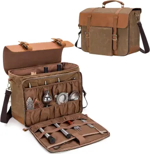 LoDrid Portable Bartender Bag for Bar Kits, Vintage Genuine Leather Waxed Canvas Travel Bar Case with Thick Inner Dividers and Adjustable Shoulder Strap for Cocktail Making, Bag Only,(Patent Design)