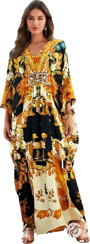 LOUSEA Ethnic Print Momo Dresses for Women Vneck Tie Dye Swimsuit Cover Ups Colorful Lougewear Dress One-Piece Beach Dress