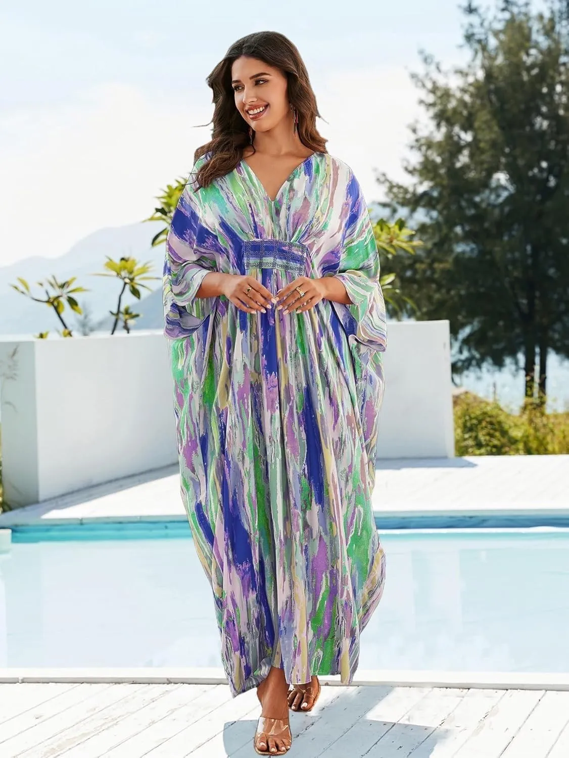 LOUSEA Ethnic Print Momo Dresses for Women Vneck Tie Dye Swimsuit Cover Ups Colorful Lougewear Dress One-Piece Beach Dress