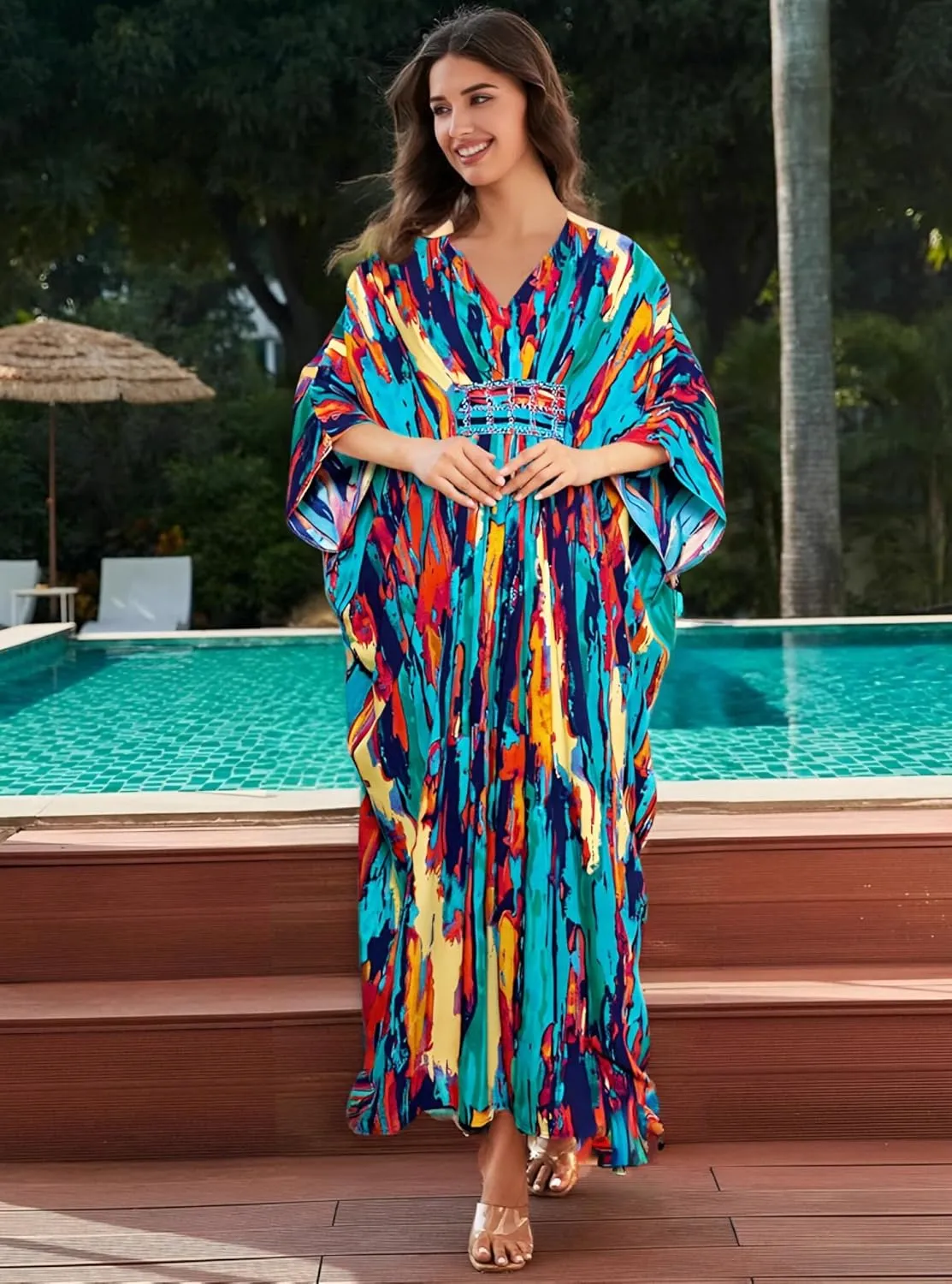 LOUSEA Ethnic Print Momo Dresses for Women Vneck Tie Dye Swimsuit Cover Ups Colorful Lougewear Dress One-Piece Beach Dress