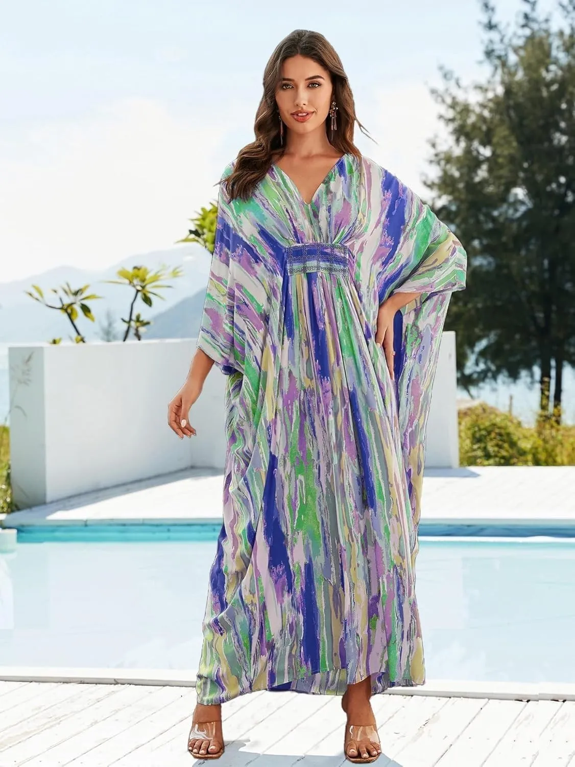 LOUSEA Ethnic Print Momo Dresses for Women Vneck Tie Dye Swimsuit Cover Ups Colorful Lougewear Dress One-Piece Beach Dress