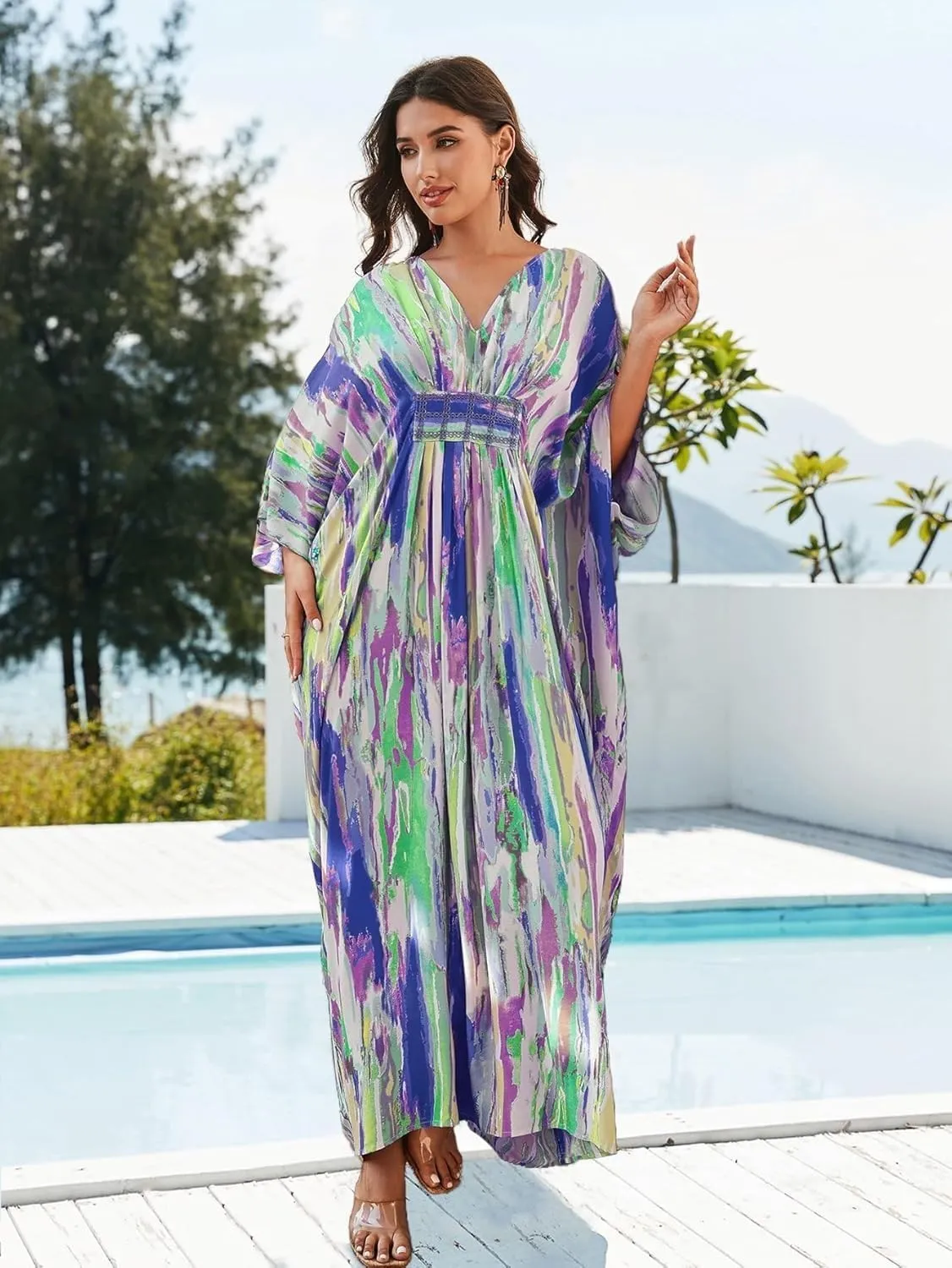 LOUSEA Ethnic Print Momo Dresses for Women Vneck Tie Dye Swimsuit Cover Ups Colorful Lougewear Dress One-Piece Beach Dress