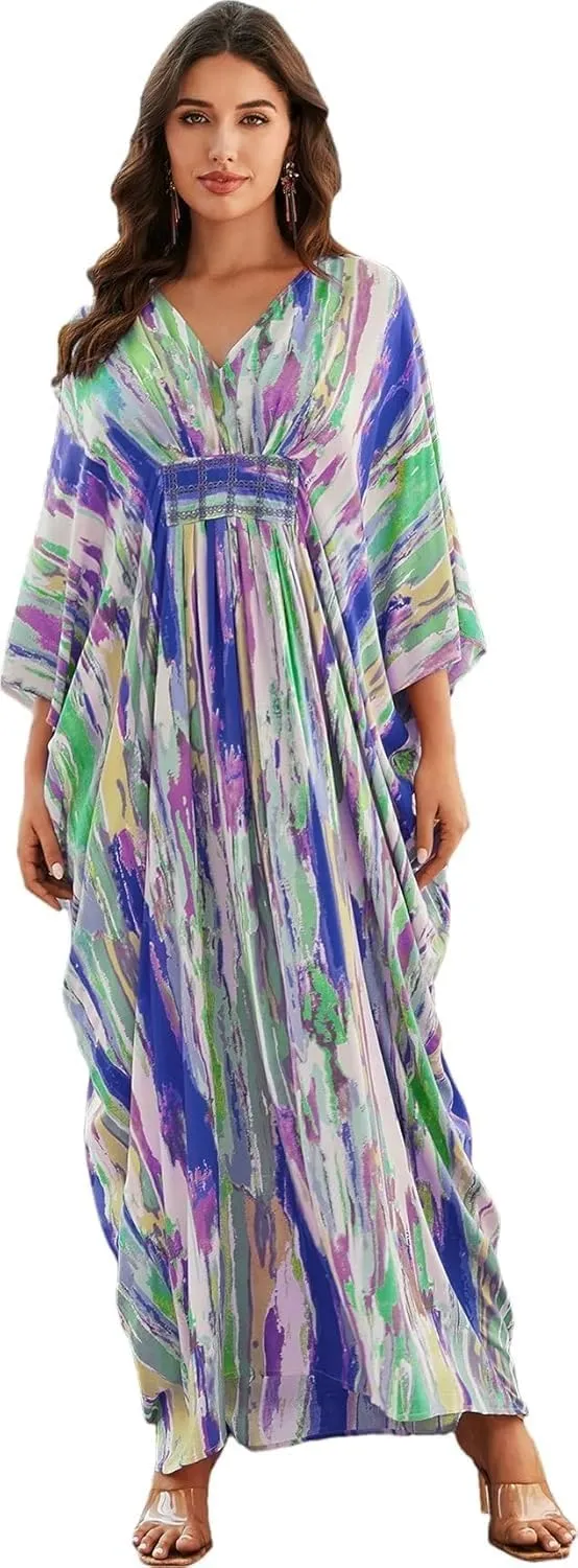 LOUSEA Ethnic Print Momo Dresses for Women Vneck Tie Dye Swimsuit Cover Ups Colorful Lougewear Dress One-Piece Beach Dress