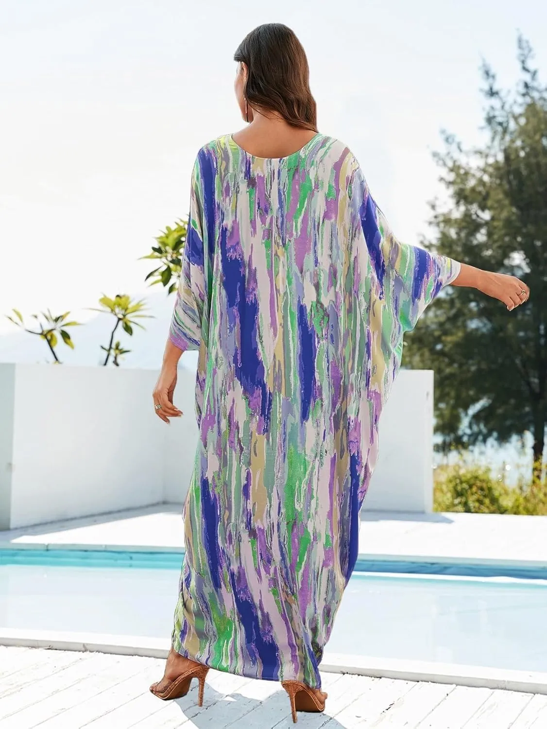 LOUSEA Ethnic Print Momo Dresses for Women Vneck Tie Dye Swimsuit Cover Ups Colorful Lougewear Dress One-Piece Beach Dress