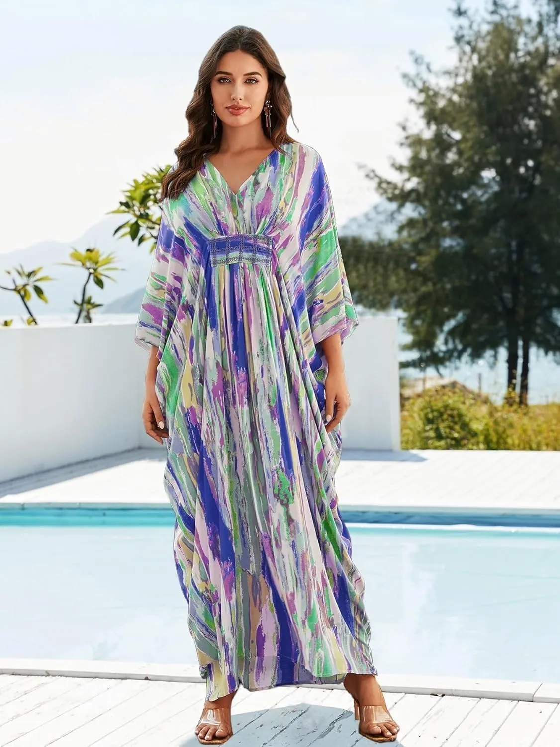 LOUSEA Ethnic Print Momo Dresses for Women Vneck Tie Dye Swimsuit Cover Ups Colorful Lougewear Dress One-Piece Beach Dress