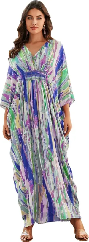 LOUSEA Ethnic Print Momo Dresses for Women Vneck Tie Dye Swimsuit Cover Ups Colorful Lougewear Dress One-Piece Beach Dress