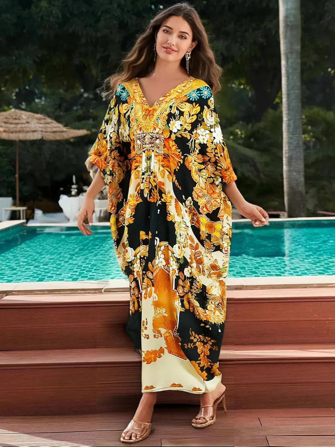 LOUSEA Ethnic Print Momo Dresses for Women Vneck Tie Dye Swimsuit Cover Ups Colorful Lougewear Dress One-Piece Beach Dress
