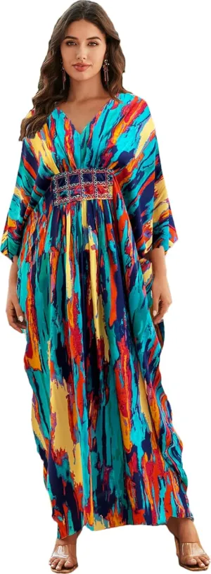 LOUSEA Ethnic Print Momo Dresses for Women Vneck Tie Dye Swimsuit Cover Ups Colorful Lougewear Dress One-Piece Beach Dress