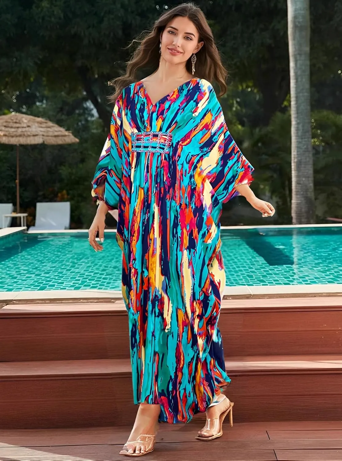 LOUSEA Ethnic Print Momo Dresses for Women Vneck Tie Dye Swimsuit Cover Ups Colorful Lougewear Dress One-Piece Beach Dress