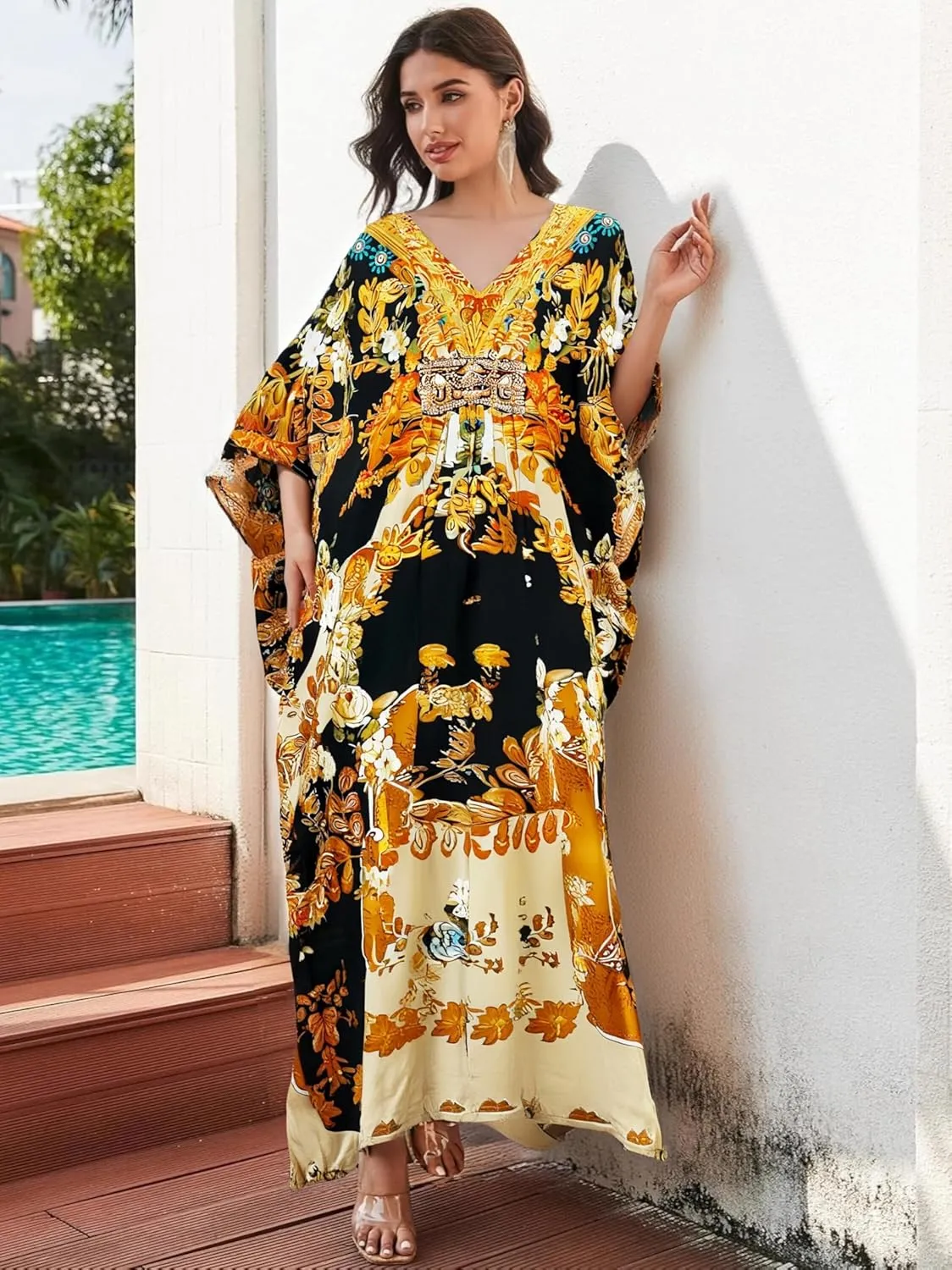 LOUSEA Ethnic Print Momo Dresses for Women Vneck Tie Dye Swimsuit Cover Ups Colorful Lougewear Dress One-Piece Beach Dress