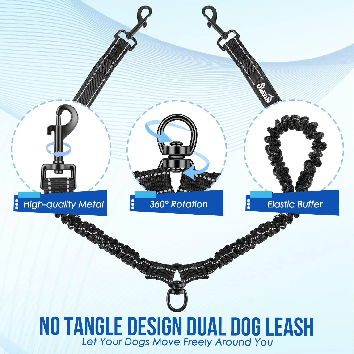 Lukovee Double Dog Leash, No Tangle - 360° Swivel Heavy Duty Reflective Lead for 2 Dogs with Two Padded Handles Dual Dog Splitter, Shock Absorbing Walking for Small Medium Dogs (Black,M)