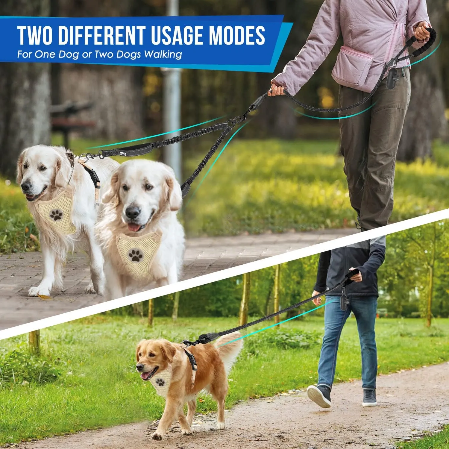 Lukovee Double Dog Leash, No Tangle - 360° Swivel Heavy Duty Reflective Lead for 2 Dogs with Two Padded Handles Dual Dog Splitter, Shock Absorbing Walking for Small Medium Dogs (Black,M)