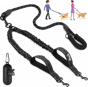 Lukovee Double Dog Leash, No Tangle - 360° Swivel Heavy Duty Reflective Lead for 2 Dogs with Two Padded Handles Dual Dog Splitter, Shock Absorbing Walking for Small Medium Dogs (Black,M)
