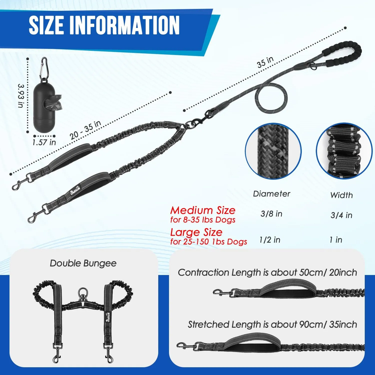 Lukovee Double Dog Leash, No Tangle - 360° Swivel Heavy Duty Reflective Lead for 2 Dogs with Two Padded Handles Dual Dog Splitter, Shock Absorbing Walking for Small Medium Dogs (Black,M)