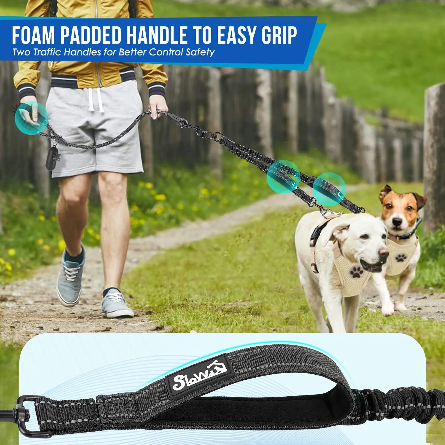 Lukovee Double Dog Leash, No Tangle - 360° Swivel Heavy Duty Reflective Lead for 2 Dogs with Two Padded Handles Dual Dog Splitter, Shock Absorbing Walking for Small Medium Dogs (Black,M)