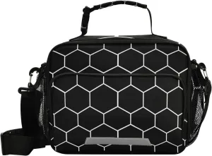 Lunch Bags Boxes Insulated Small Boys Girls Cooler Kids Hexagonal Grid Black for School Student with Shoulder Strap Water-Resistant
