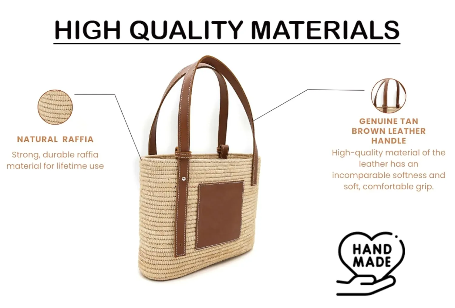 Luxury Raffia Tote Bag with Leather Handles – Handcrafted Elegance for Everyday Style, Women's Straw Woven Shoulder Bag, Tote Handbag, Summer Beach Purse (Khaki)