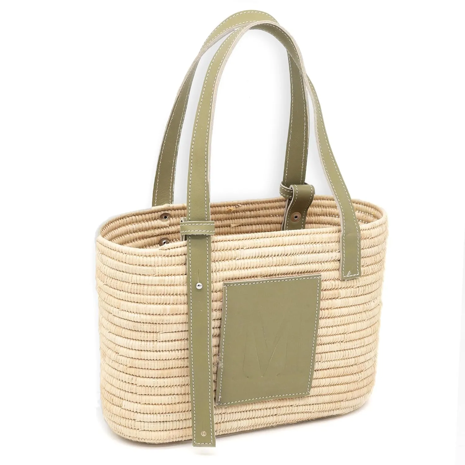 Luxury Raffia Tote Bag with Leather Handles – Handcrafted Elegance for Everyday Style, Women's Straw Woven Shoulder Bag, Tote Handbag, Summer Beach Purse (Khaki)