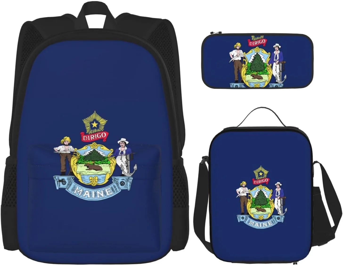 Maine State Flag print Pocket backpack Crossbody lunch bag pen bag set 3-in-1 Makeup bag Outdoor travel