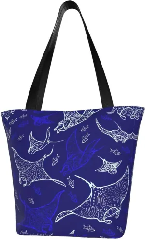 Manta Ray and Fish Print Multifunctional Tote Daypacks for Women Work Travel Shopping Handbags Shoulder Bag