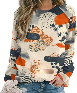 MARSVOVO Crewneck Sweatshirt for Women Long Sleeve Shirts Japanese Art Print Vintage Y2k Spring Fall Pullover Sweatshirt